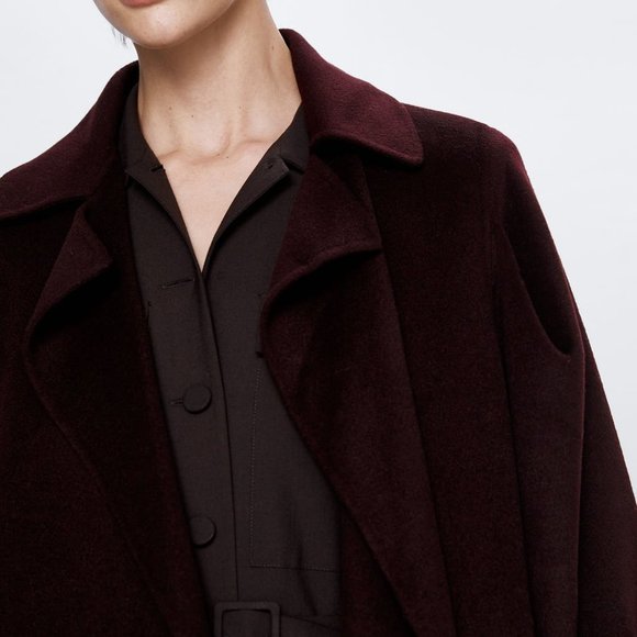 Zara Handmade Belted Wrap Wool Coat Wine - Picture 3 of 10